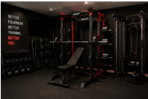 Premium dream home gym with red REP rack and functional trainer
