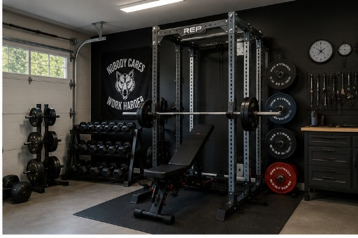 Garage gym essential setup with REP power rack and plate storage