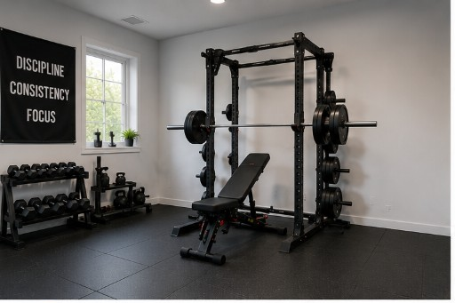 Starter home gym with power rack, dumbbells, and bench